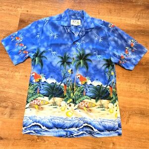 KY's Men's Blue Hawaiian Shirt Size Medium Parrots Surfboard Palm Trees